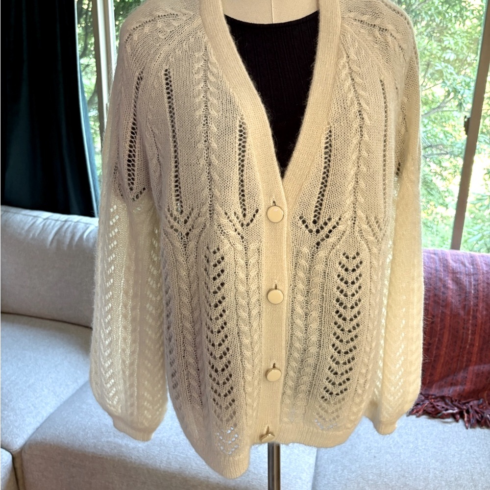 Sezane Cream Openwork Knit Cardigan